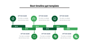 Modern timeline with green rectangular steps from 2010 to 2020, six circular icons with symbols, and text placeholders.