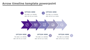 Horizontal arrow timeline with five gradient purple segments, each containing icons and captions area below.