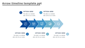 Horizontal arrow timeline with five blue segments, each containing an icon, numbered markers, and text placeholders. 