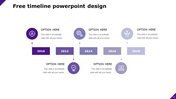 Minimalist purple timeline featuring rectangular year markers from 2010 to 2018, with circular icon and alternating captions.