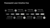 Horizontal timeline slide with milestones for the years, year labels, and caption areas on a black background.