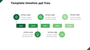 Minimalist timeline featuring rectangular year markers from 2010 to 2018, with circular icons and alternating captions.