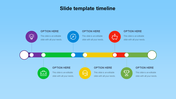 Timeline with colorful segments and icons in purple, blue, green, yellow, red, and teal, on a light blue background.