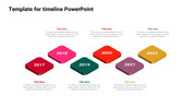 Isometric timeline with six raised diamond blocks in red, pink, green, orange, and purple, displaying years 2017-2022