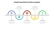 Horizontal timeline with curved sections in blue, teal, red, yellow, and green, each associated with icon.