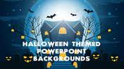 Haunted house with glowing windows, bats flying against a full moon, lantern-lit trees, jack-o'-lanterns, and graveyard. 
