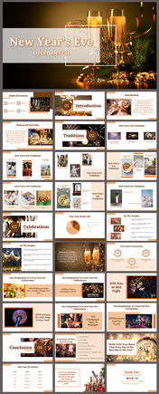 Slide deck with festive gold and brown theme featuring new year eve images, charts, and decorative layouts.