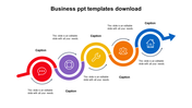 Business PowerPoint template with a colorful circular process flow and icons with caption sections on a white backdrop.