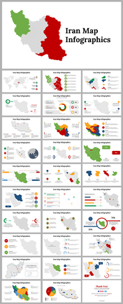 Slide deck cover featuring Iran map infographics and slide previews with charts and map data.
