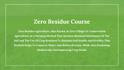 Zero residue course slide on a green backdrop with text about sustainable farming and soil conservation.