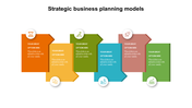 Colorful arrow shaped blocks in orange, yellow, green, blue, brown, and teal, aligned for strategic business planning models.
