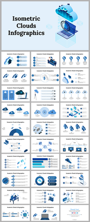 slide deck featuring isometric cloud infographics in blue shades, with icons, data charts, and computing visuals.