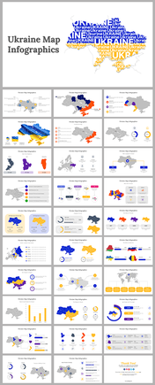 Slide deck featuring infographics of Ukraine, with maps in various colors highlighting regions and statistical charts.