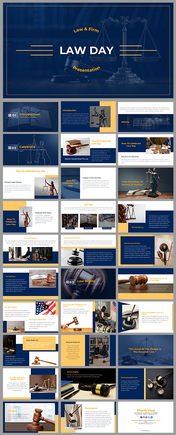 Law day slide deck showcasing legal symbols and informative sections on celebrating law with a modern blue and gold design.