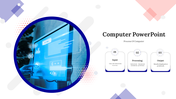 Computer process template showing input, processing, and output stages with a futuristic blue digital interface illustration.