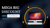 Mega Big Discount advertisement featuring a computer with a coupon code and a promotional message for discounted workspaces.