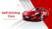 Slide deck illustration of a red sports car in motion, set against a red and white  background with self-driving cars.
