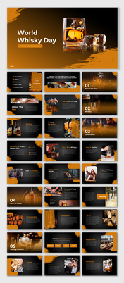 Amber themed slide deck highlighting whisky glasses, bottles, and production processes, with black text areas and images.