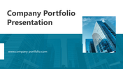 Company portfolio slide with bold title and a sharp photo of glass buildings on the right, using blue hues.