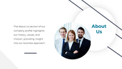 About us slide with people in business attire positioned inside a circular frame, with black lines, on a white background.