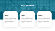 Slide with three white boxes displaying service descriptions, with a blue office background of people working.