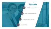 Slide with teal accents, featuring four arrows listing contact informations, and images of customer service agents.