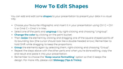 Slide with a white backdrop and teal text detailing how to edit shapes, with instructions on resizing and grouping elements.