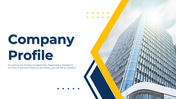 Company profile slide featuring a tall modern building with a quote on success and happiness on a white backdrop.