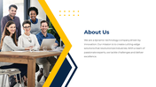 About us team of five smiling professionals working together in a modern office, showcasing a technology company.