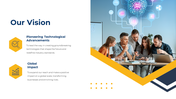 A group of professionals working together around a table, with a futuristic AI visual background with icons on a white theme.