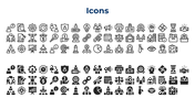 Set of various business and technology icons, including graphs, people, and communication symbols on a white backdrop.