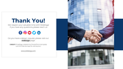 Thank you slide with contact details and social media icons, featuring a handshake in front of a modern office building.