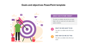 Purple target board with an arrow and a man standing, alongside text box and two icons in pink and orange.