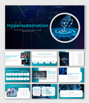 Hyperautomation themed slides showcasing a robotic hand and digital graphics in blue and teal color schemes.