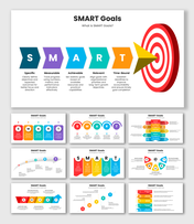 Red and white target with a dart hitting the center, surrounded by six colorful text sections representing goal targets.