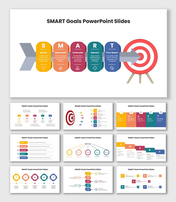 SMART Goals presentation showing colorful goal planning steps, progress tracking, and target achievement.