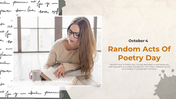 A vibrant slide for Random Acts of Poetry Day, featuring a woman reading poetry with a warm cozy background with description.
