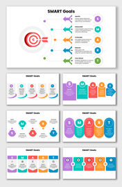 SMART Goals infographic with colorful arrows, target icon, and structured planning workflow layout.