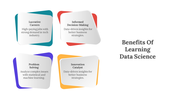 A slide displaying the four major benefits of learning data science in color coded text boxes with descriptions.