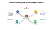 Slide illustrating various options for presenting goals, featuring five numbered sections with icons and placeholder text.