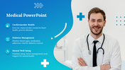 Medical slide highlighting cardiovascular health, diabetes management, and mental well being with a smiling doctor.