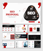 Red and black accented slide pack highlighting SEO services with charts, icons, and plans for boosting online optimization.