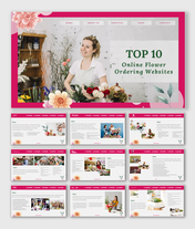 Slide deck on top flower delivery platforms with pink layout, company details, images of florists, and product arrangements.