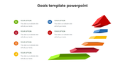 Goals PPT template with colored arrows, each representing a different step with placeholder text on a white backdrop.