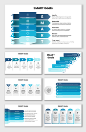 SMART Goals infographic with blue gradient arrows, numbered steps, and strategic planning layout.