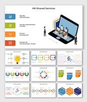 Slide deck on HR Shared Services with different colorful layout designs and icons with text descriptions.