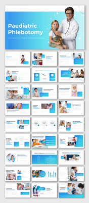 Slide deck featuring circular icons, text boxes, and images of children, doctors, and phlebotomy tools, in blue theme.