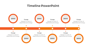 Slide featuring six orange circles with dotted lines, arranged on a gradient timeline bar on a white background.