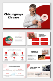 Chikungunya presentation with a man inspecting arm, mosquito imagery, and placeholder captions for disease details.