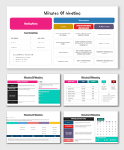 Colorful minutes of meeting template with columns for agenda, topics, agreements, and action items, ideal for team tracking.